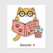Sticker Chat Cute Kawaii lisant un livre (Feuille)