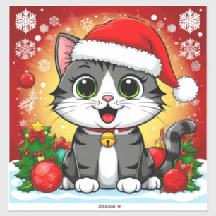 Sticker Chat de dessin en chapeau de Noël avec décoration