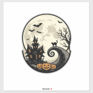 Sticker Chat de Halloween Vintage Maison Hantée Lune Vecte