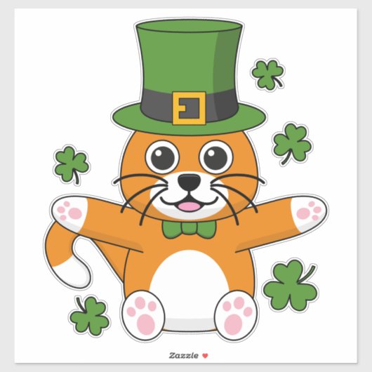 Sticker Chat de la Saint Patrick avec dessin Shamrock (Feuille)