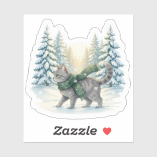 Sticker Chat de Noël Forêt Enneigée Écharpe Hiver Merveill