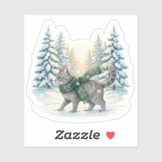 Sticker Chat de Noël Forêt Enneigée Écharpe Hiver Merveill (Feuille)