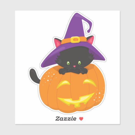 Sticker Chat d'Halloween, Chat noir, Casquette de sorcière (Feuille)