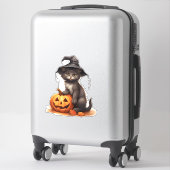 Sticker Chat d'Halloween mignonne avec feuilles de Citroui (Sur valise)