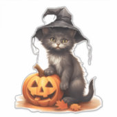 Sticker Chat d'Halloween mignonne avec feuilles de Citroui (Devant)