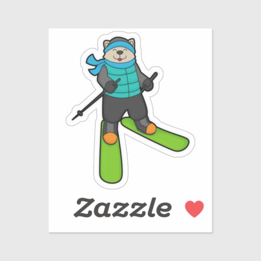 Sticker Chat en Skier avec Ski (Feuille)
