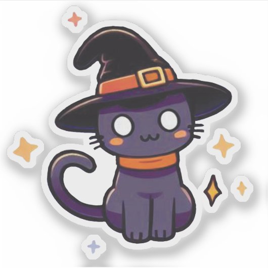 Sticker Chat en sorcière mignonne pourpre - Kawaii Hallowe (Devant)