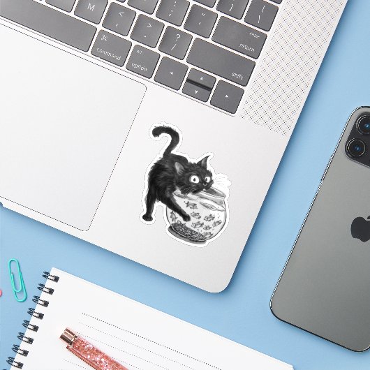 Sticker Chat et poisson (Ordinateur portable avec iPhone)