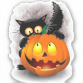 Sticker Chat Fun Halloween Caractère mordant un Citrouille (Recto)