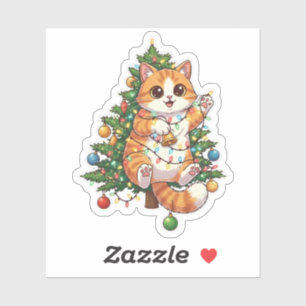 Sticker Chat grimpeur d'arbre de Noël emmêlé dans les lumi