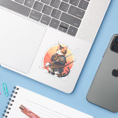 Sticker Chat guerrier samouraï (Ordinateur portable avec iPhone)