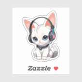 Sticker Chat Kawaii avec des écouteurs à la mode (Feuille)