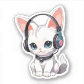 Sticker Chat Kawaii avec des écouteurs à la mode (Devant)