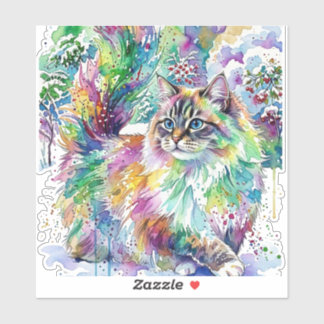 Sticker Chat Licorne Fluide Aquarelle Arc-en-Ciel en Hiver