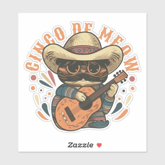 STICKER CHAT MEXICAIN CINCO DE MEOW AVEC GUITARE (Feuille)