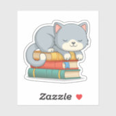 Sticker Chat mignon au-dessus de la pile de livres (Feuille)