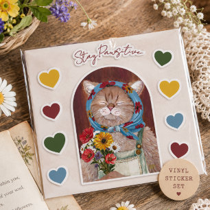 Sticker Chat Mignon Cottagecore avec Fleurs Restez Pawsiti