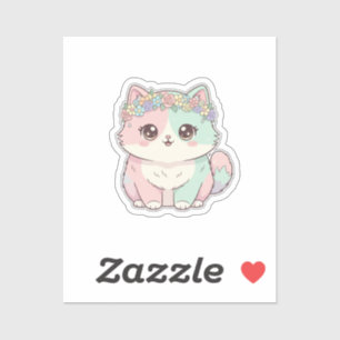 Sticker Chat Mignon Kawaii avec Couronne de Fleurs Autocol