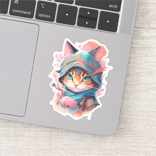 Sticker Chat Ninja Encagoulé Mignon Aquarelle