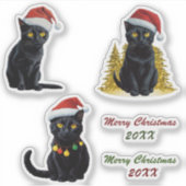 Sticker Chat Noir de Noël mignon à Santa Hat Custom (Devant)