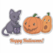 Sticker Chat noir d'Halloween, citrouilles, lanterne magiq (Devant)