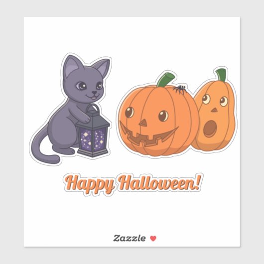 Sticker Chat noir d'Halloween, citrouilles, lanterne magiq (Feuille)