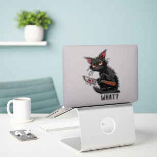 Sticker Chat noir drôle avec couteau sanglant : Quoi ?
