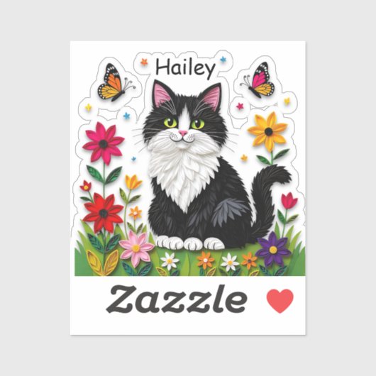 Sticker Chat noir et blanc, Fleurs et Papillons (Feuille)