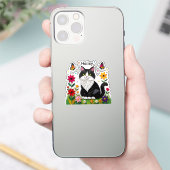 Sticker Chat noir et blanc, Fleurs et Papillons (Téléphone)