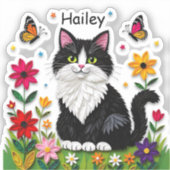 Sticker Chat noir et blanc, Fleurs et Papillons (Recto)