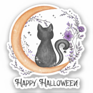 Sticker Chat noir et lune de croissant pour Halloween heur