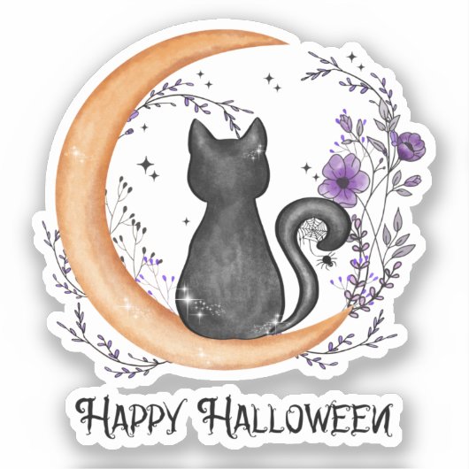Sticker Chat noir et lune de croissant pour Halloween heur (Recto)