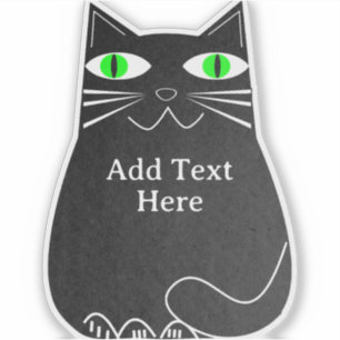 Sticker Chat noir gras avec yeux verts Texte personnalisé