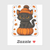 Sticker Chat noir mignon assis sur Citrouille Automne esth (Feuille)