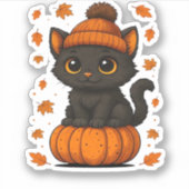 Sticker Chat noir mignon assis sur Citrouille Automne esth (Devant)