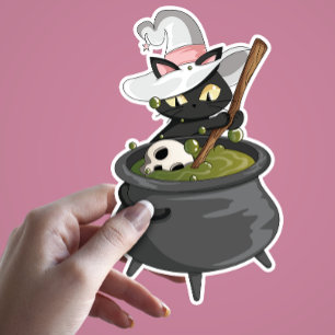 Sticker Chat noir mignon avec Casquette sorcier brasser po