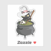 Sticker Chat noir mignon avec Casquette sorcier brasser po (Feuille)