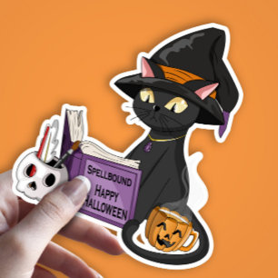 Sticker Chat noir mignon sorcière lecture Spell Livre Hall