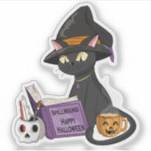 Sticker Chat noir mignon sorcière lecture Spell Livre Hall (Devant)