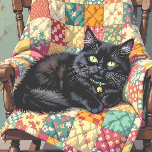 Sticker Chat noir mignon sur chaise à rocher (Recto)