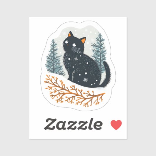 Sticker Chat noir neige d'hiver (Feuille)
