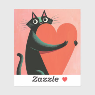 Sticker Chat noir rétro étreignant un cœur mignon