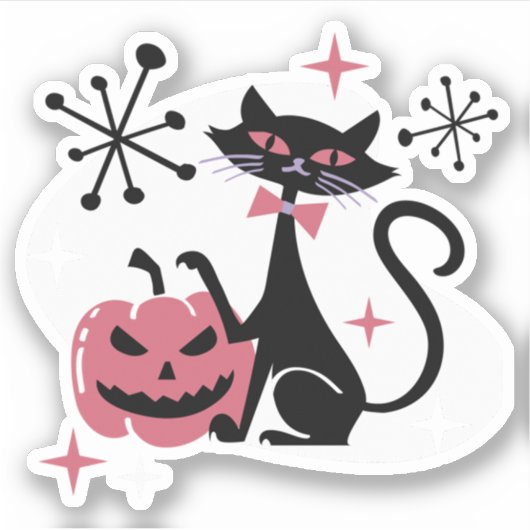 Sticker Chat noir rétro mi-siècle d'Halloween (Devant)