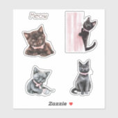 Sticker Chat Noir Ruban Rose (Feuille)
