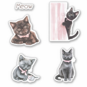 Sticker Chat Noir Ruban Rose