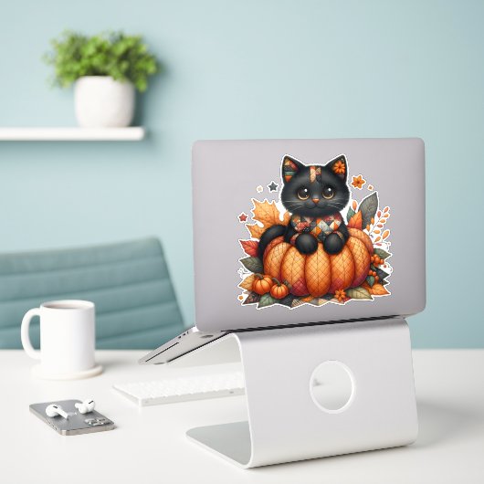 Sticker Chat noir sur Citrouille avec Motif de courtepoint (Ordinateur portable sur le bureau)