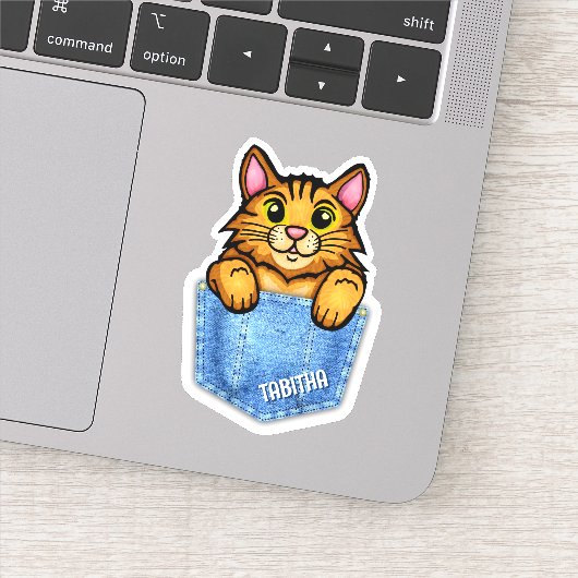 Sticker Chat orange dans la poche Faux Denim avec nom pers (Détail)