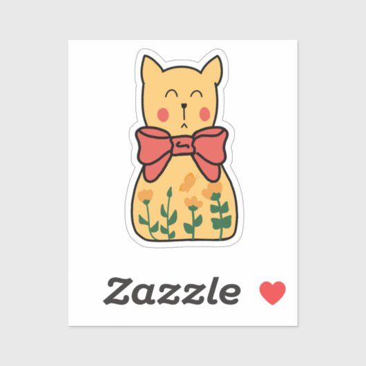 Sticker Chat orange indifférent floral avec nœud (Feuille)