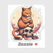 Sticker Chat orange vengeur, crânes et lune (Feuille)