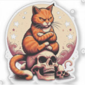Sticker Chat orange vengeur, crânes et lune (Devant)
